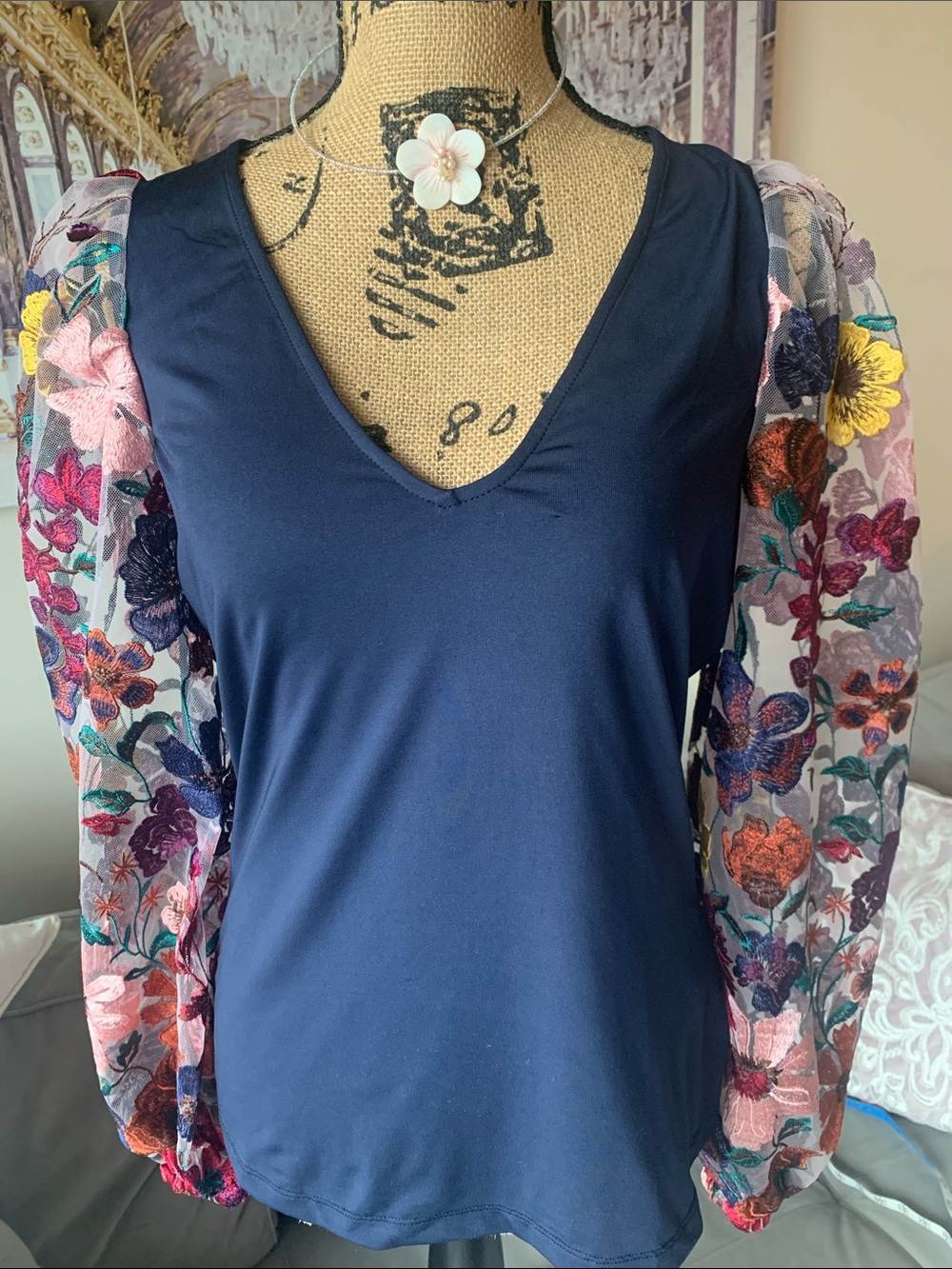 Boston Proper Navy V-Neck Top with Multicolor Embroidered Puff Sleeves